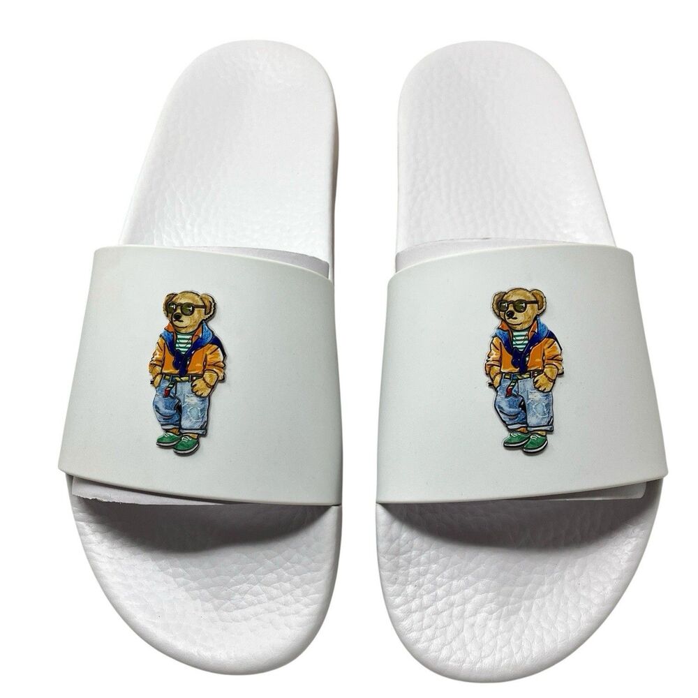 Polo Ralph Lauren Slides Womens 13.5 White Polo Bear Sandals Preppy Summer Pool